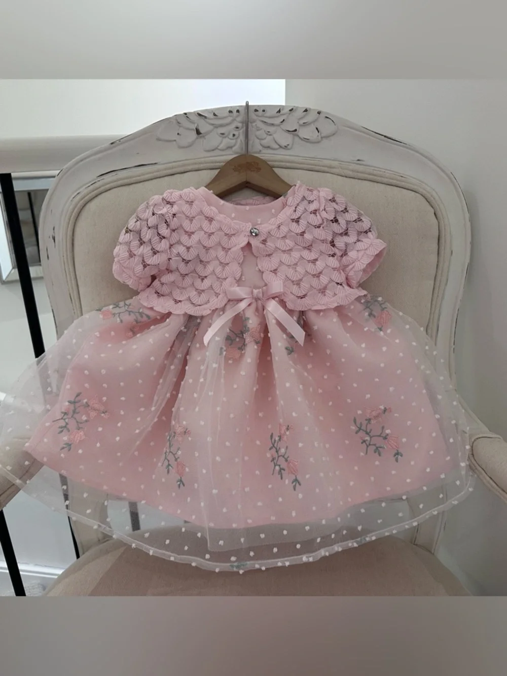 🦢 6~9 Mth Pink Tulle Princess Wedding Baby Dress with Matching Knit Bolero NWOT - Picture 2 of 16